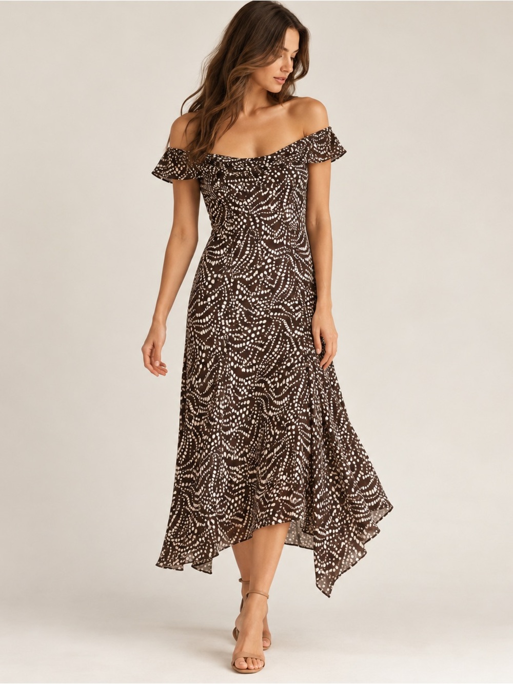 Evan Picone Brown & White Abstract Dot Off Shoulder Midi Maxi Dress Size 8